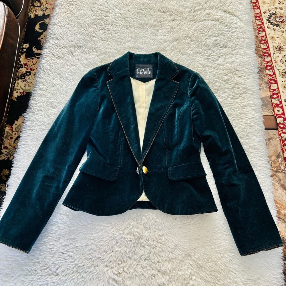 Cecil McBee Suede Dark Green Blazer Gold Piping’s & Button Jacket Blazer size S